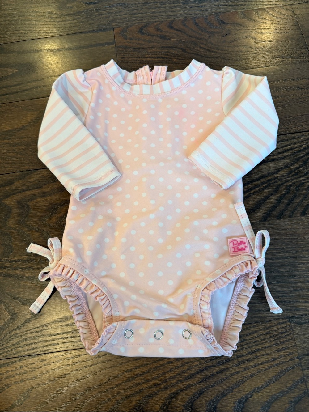 3-6 Month Ruffle Butts Swimsuit Light Pink White Polka Dot Long Sleeve